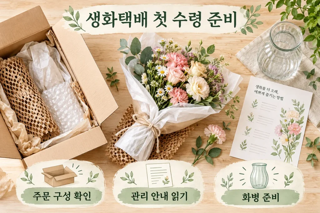 용인 생화택배 첫 수령 준비, 상자 개봉·구성 확인·화병 정리 순서