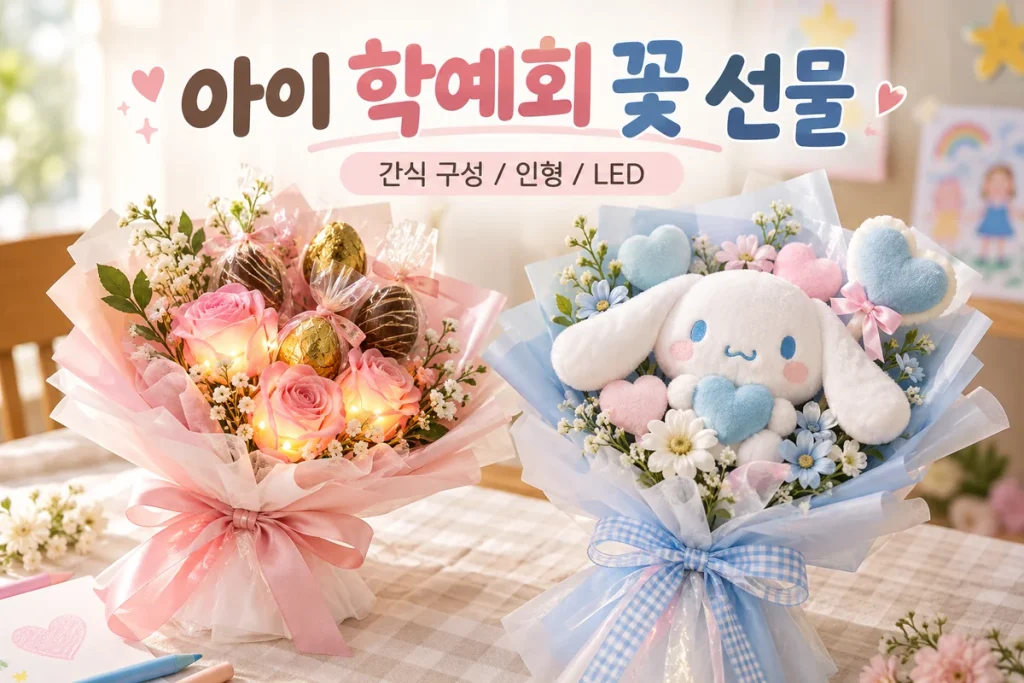 아이 학예회 꽃 선물, LED 장미 킨더조이와 시나모롤 하트봉 비교