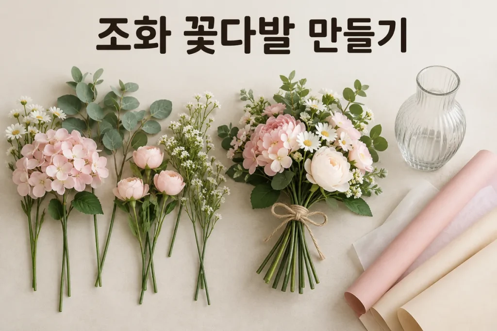 조화 꽃다발 만들기 준비, 꽃가지·번들·용기와 조립 가능 범위 확인