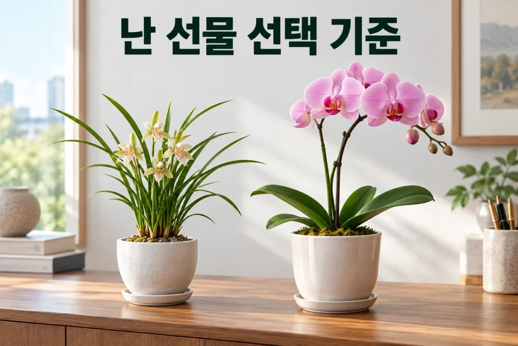 난 선물 고르는 기준, 동양란·호접란의 모습과 화분·관리 환경 비교